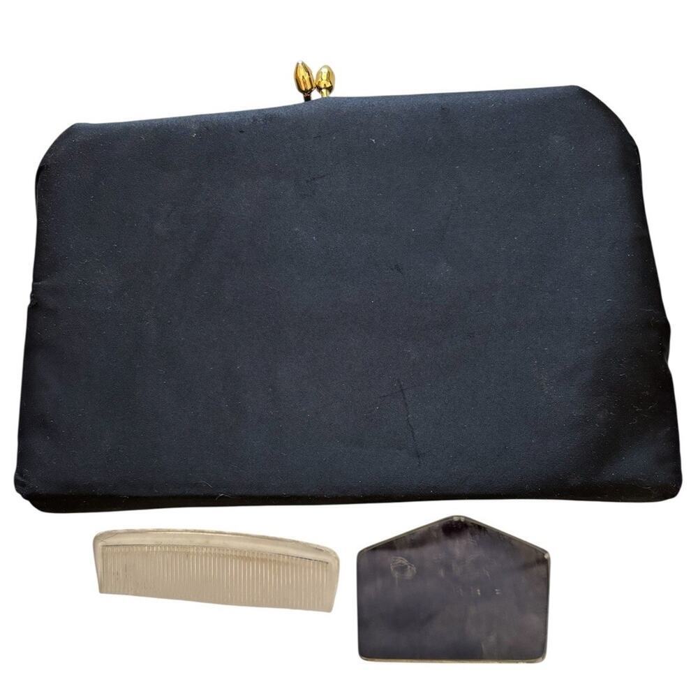 Bobbie Jerome Black Handbag Purse Clutch Bag Gold Clasp Original Mirror Comb